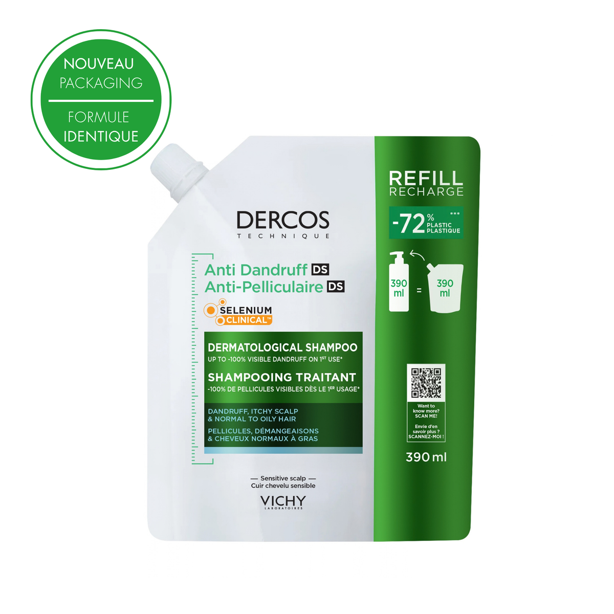 Dercos Shampoing Anti-Pelliculaire Cheveux Gras Refill Recharge 390ml